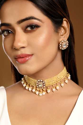 Buy_HRISHA_Yellow Kundan Polki Choker Necklace And Earrings Set _at_Aza_Fashions