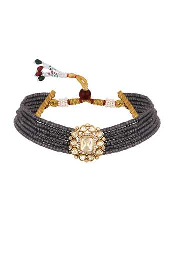 HRISHA_Grey Kundan Polki Beaded Necklace Set _Online_at_Aza_Fashions