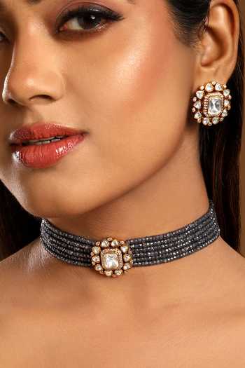 Shop_HRISHA_Grey Kundan Polki Beaded Necklace Set _Online_at_Aza_Fashions