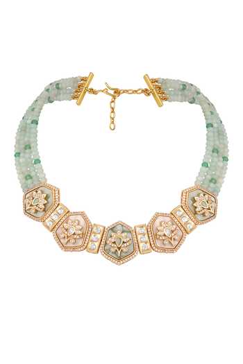 HRISHA_Gold Plated Kundan Polki Necklace And Earrings Set _Online_at_Aza_Fashions