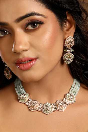 Shop_HRISHA_Gold Plated Kundan Polki Necklace And Earrings Set _at_Aza_Fashions