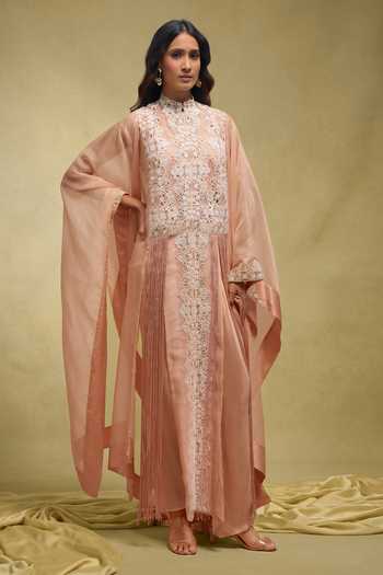 Buy_Anamika Khanna_Pink Scoop Neck Embroidered Cape Kurta And Draped Skirt Set _at_Aza_Fashions