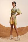 Buy_Cord_Beige Cotton Printed Dale Spread Collar Belted Short Dress _Online_at_Aza_Fashions