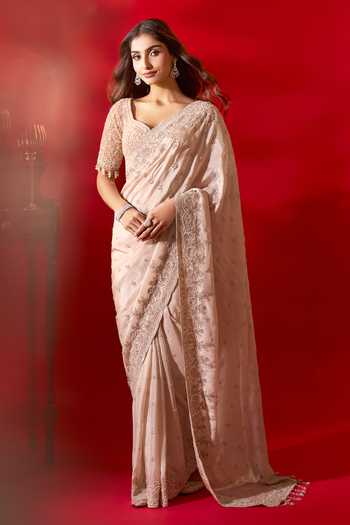 Buy_Azeera_Ivory Tissue Sufiyana Embroidered Saree With Unstitched Blouse Piece _at_Aza_Fashions