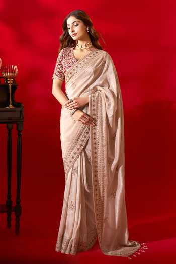 Azeera_Ivory Tissue Navneet Embroidered Saree With Unstitched Blouse Piece 