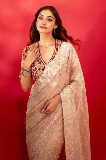 Azeera_Ivory Tissue Zaveria Embroidered Saree With Unstitched Blouse Piece 