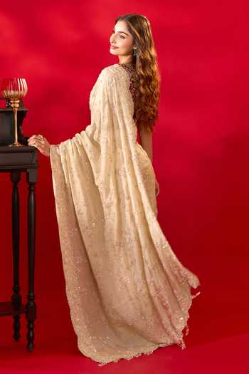 Azeera_Gold Tissue Inayat Embroidered Saree Unstitched Blouse Piece _Online_at_Aza_Fashions