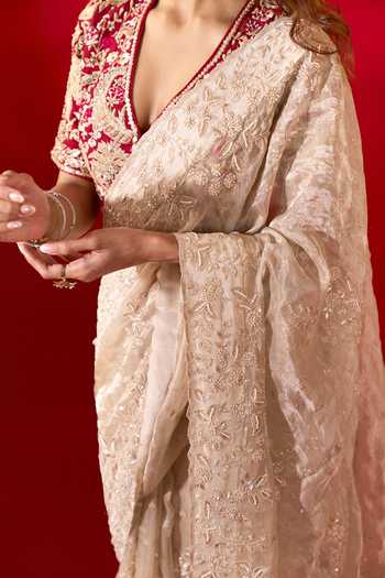 Azeera_Ivory Tissue Zaveria Embroidered Saree With Unstitched Blouse Piece 