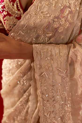 Azeera_Ivory Tissue Zaveria Embroidered Saree With Unstitched Blouse Piece 