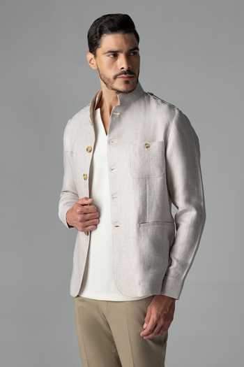Buy_Amit Arora_Beige Linen Textured Shacket _Online_at_Aza_Fashions