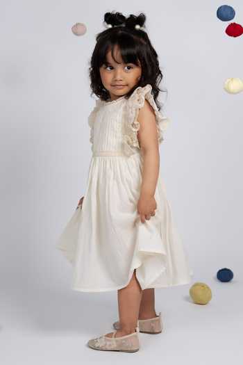 OurDve_Beige Cotton Pleated Front Lace Trim Dress _Online_at_Aza_Fashions