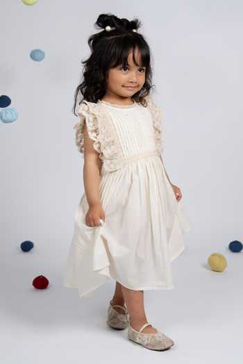 Buy_OurDve_Beige Cotton Pleated Front Lace Trim Dress _Online_at_Aza_Fashions