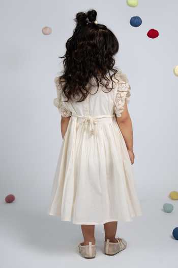 Shop_OurDve_Beige Cotton Pleated Front Lace Trim Dress _at_Aza_Fashions