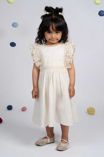 Shop_OurDve_Beige Cotton Pleated Front Lace Trim Dress _Online_at_Aza_Fashions