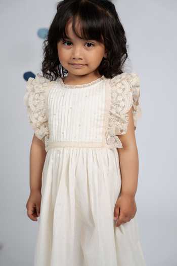 OurDve_Beige Cotton Pleated Front Lace Trim Dress _at_Aza_Fashions
