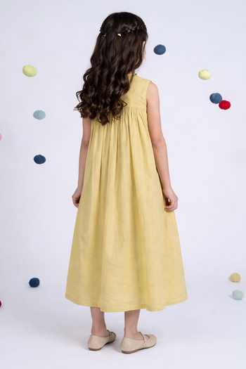 Shop_OurDve_Yellow Cotton V-neck Embroidered Dress _at_Aza_Fashions