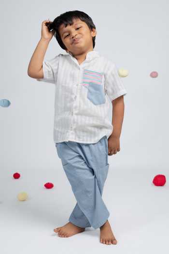 Buy_OurDve_White Cotton Contrast Patch Work Shirt And Pant Set _at_Aza_Fashions