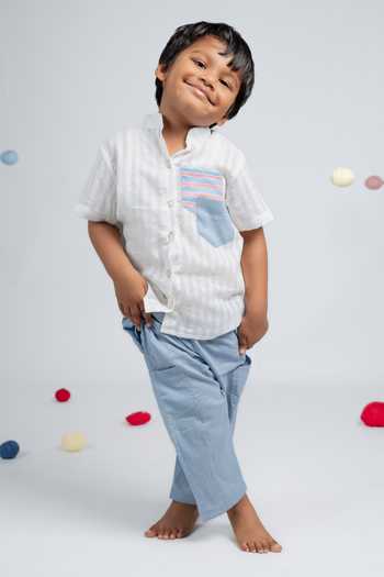 OurDve_White Cotton Contrast Patch Work Shirt And Pant Set _at_Aza_Fashions