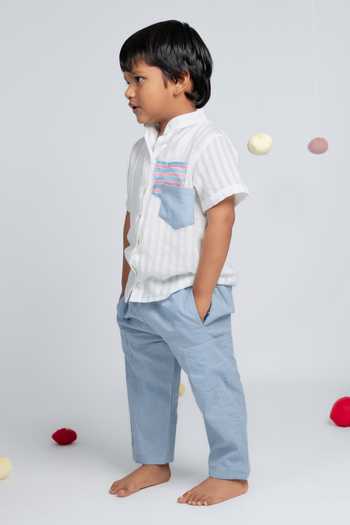 Buy_OurDve_White Cotton Contrast Patch Work Shirt And Pant Set 