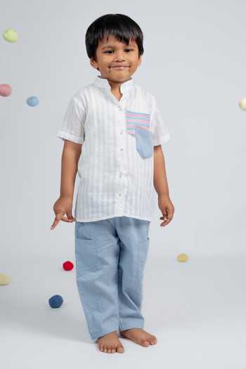 Shop_OurDve_White Cotton Contrast Patch Work Shirt And Pant Set _at_Aza_Fashions