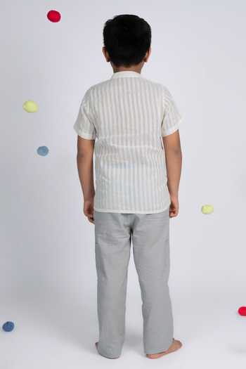 Shop_OurDve_Beige Cotton Striped Shirt And Pant Set _at_Aza_Fashions