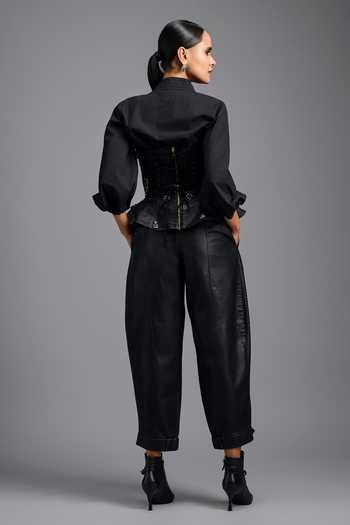 Shop_Deepika Arora_Black Cotton, Leather Stones, Crystals Structured Corset With Tapered Pant _at_Aza_Fashions