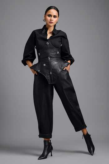 Buy_Deepika Arora_Black Cotton, Leather Stones, Crystals Structured Corset With Tapered Pant _at_Aza_Fashions