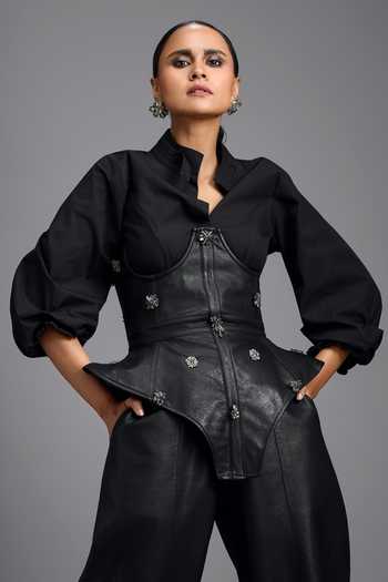 Shop_Deepika Arora_Black Cotton, Leather Stones, Crystals Structured Corset With Tapered Pant _Online_at_Aza_Fashions