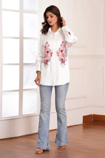 Buy_Sheeshakari_White Silk Collared Neck Floral Placement Embroidered Shirt _Online_at_Aza_Fashions