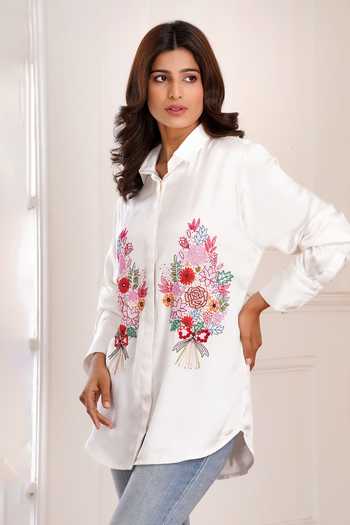 Shop_Sheeshakari_White Silk Collared Neck Floral Placement Embroidered Shirt _Online_at_Aza_Fashions