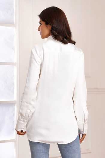 Shop_Sheeshakari_White Silk Collared Neck Floral Placement Embroidered Shirt _at_Aza_Fashions