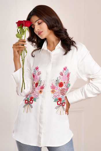 Sheeshakari_White Silk Collared Neck Floral Placement Embroidered Shirt _at_Aza_Fashions