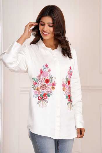Buy_Sheeshakari_White Silk Collared Neck Floral Placement Embroidered Shirt 
