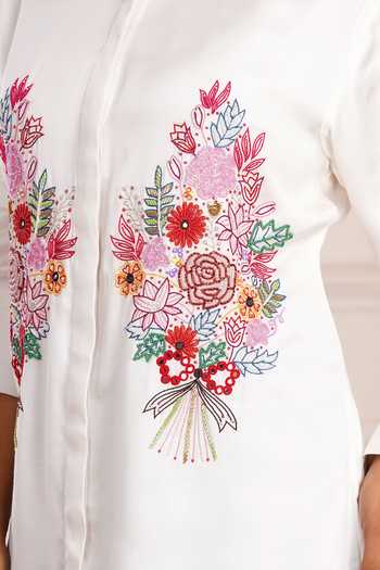 Shop_Sheeshakari_White Silk Collared Neck Floral Placement Embroidered Shirt 