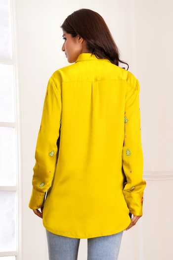 Shop_Sheeshakari_Yellow Silk Collared Neck Embroidered Shirt _at_Aza_Fashions