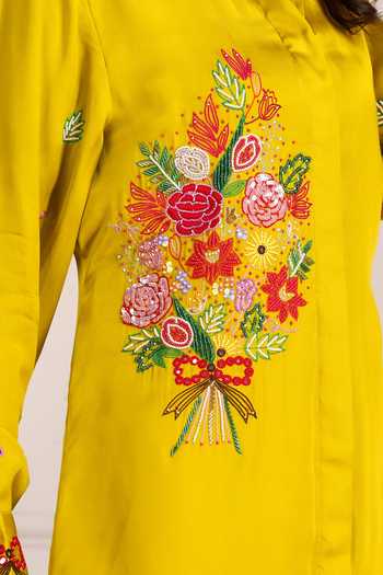 Sheeshakari_Yellow Silk Collared Neck Embroidered Shirt _Online_at_Aza_Fashions