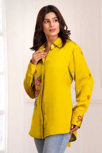 Shop_Sheeshakari_Yellow Silk Collared Neck Embroidered Shirt _Online_at_Aza_Fashions
