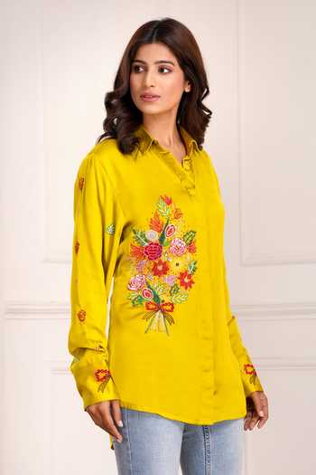 Sheeshakari_Yellow Silk Collared Neck Embroidered Shirt _at_Aza_Fashions