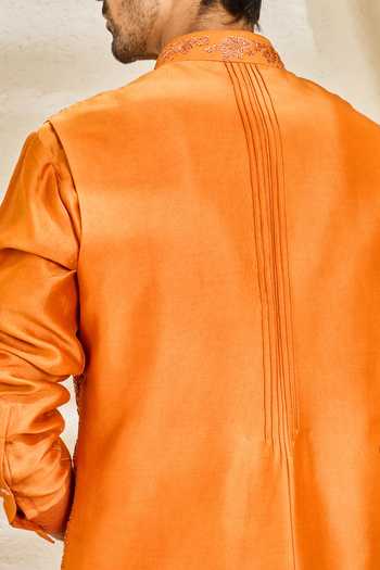 Shop_Sarab Khanijou_Orange Chanderi Silk Emberline Nehru Jacket And Kurta Set _at_Aza_Fashions