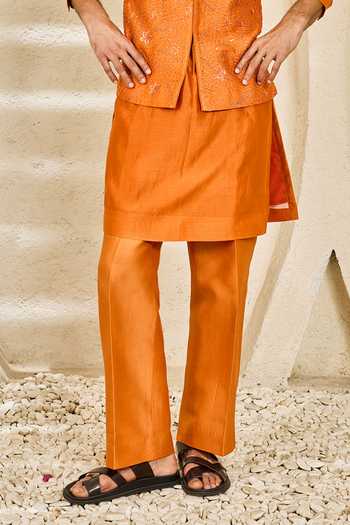 Sarab Khanijou_Orange Chanderi Silk Emberline Nehru Jacket And Kurta Set _Online_at_Aza_Fashions