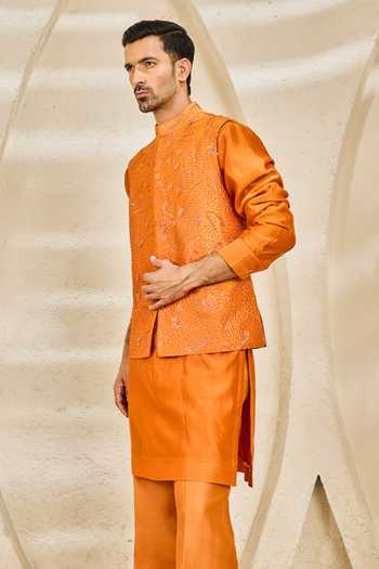 Buy_Sarab Khanijou_Orange Chanderi Silk Emberline Nehru Jacket And Kurta Set _Online_at_Aza_Fashions