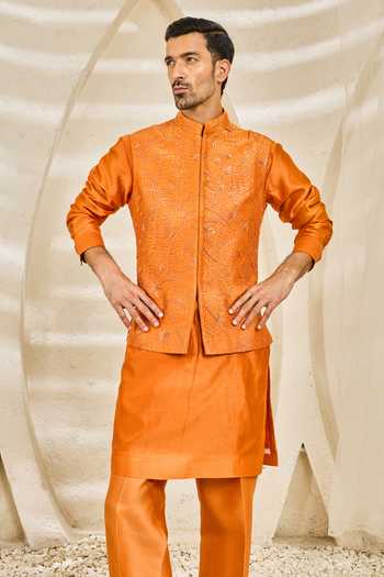 Shop_Sarab Khanijou_Orange Chanderi Silk Emberline Nehru Jacket And Kurta Set _Online_at_Aza_Fashions