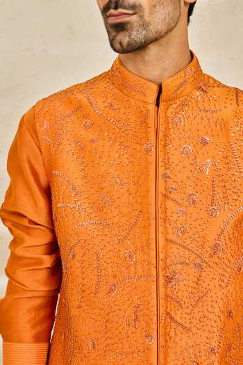 Sarab Khanijou_Orange Chanderi Silk Emberline Nehru Jacket And Kurta Set _at_Aza_Fashions