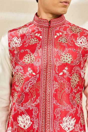 Buy_Sarab Khanijou_Red Chanderi Silk Scarlet Bloom Nehru Jacket And Kurta Set _Online_at_Aza_Fashions