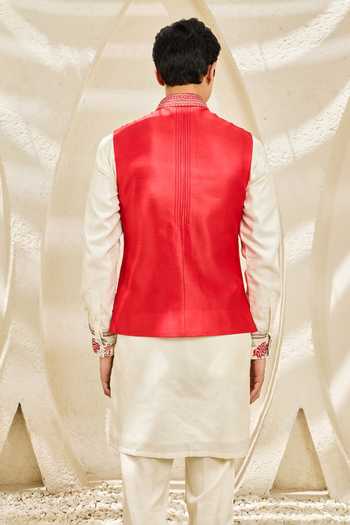 Shop_Sarab Khanijou_Red Chanderi Silk Scarlet Bloom Nehru Jacket And Kurta Set _at_Aza_Fashions