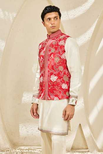 Shop_Sarab Khanijou_Red Chanderi Silk Scarlet Bloom Nehru Jacket And Kurta Set _Online_at_Aza_Fashions