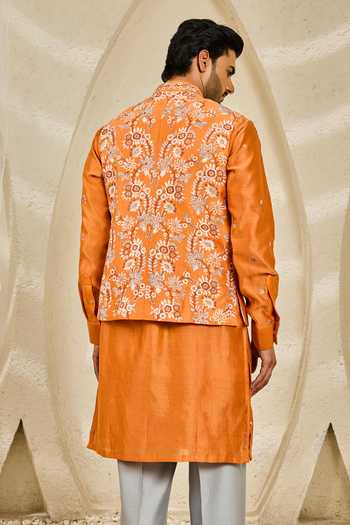 Shop_Sarab Khanijou_Orange Chanderi Silk Burnt Bloom Nehru Jacket And Kurta Set _at_Aza_Fashions