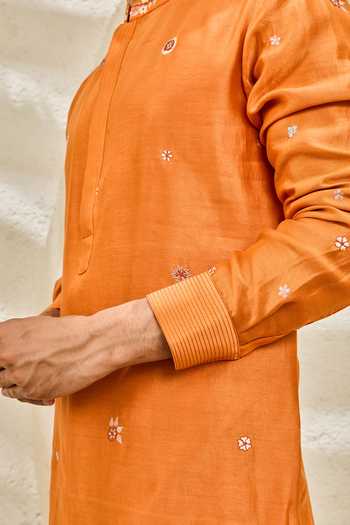 Sarab Khanijou_Orange Chanderi Silk Burnt Bloom Nehru Jacket And Kurta Set _Online_at_Aza_Fashions