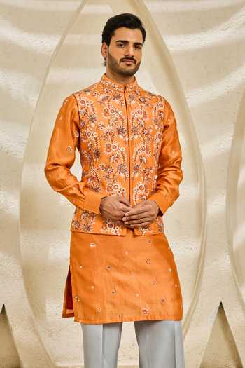 Buy_Sarab Khanijou_Orange Chanderi Silk Burnt Bloom Nehru Jacket And Kurta Set _Online_at_Aza_Fashions
