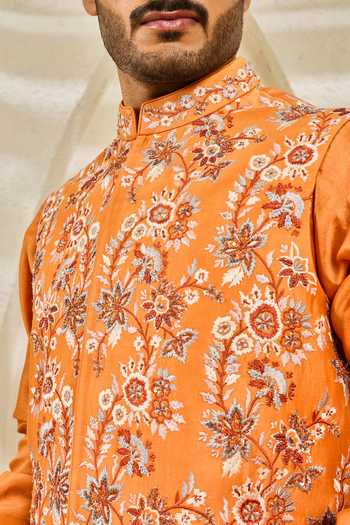 Shop_Sarab Khanijou_Orange Chanderi Silk Burnt Bloom Nehru Jacket And Kurta Set _Online_at_Aza_Fashions